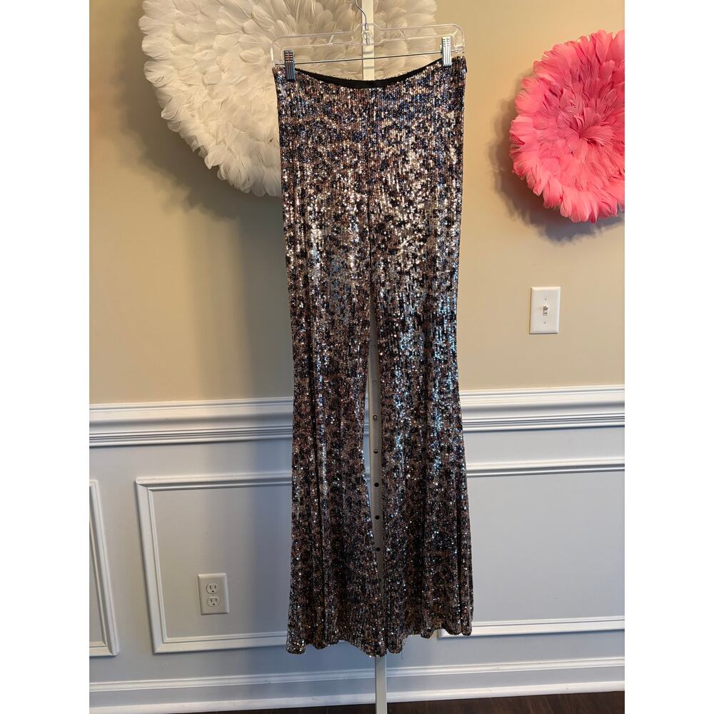 KAREN MILLEN SEQUIN LEOPARD PRINT FLARED TROUSERS SIZE 8
